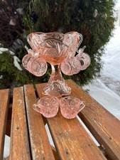 Vintage Imperial Glass Child's Pink Whirling Star Miniature Punch Bowl Set Cups