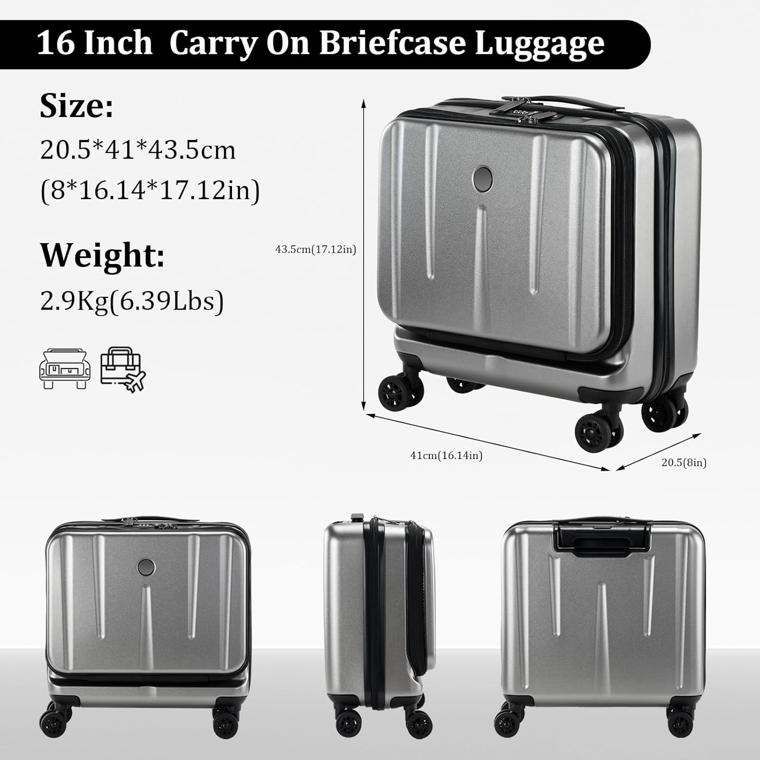 Compact 16-Inch Business Luggage with Adjustable Handle & Multiple Compartments