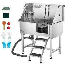 38" Dog Grooming Bath Tub Stainless Steel w/ Stairs Faucet Showerhead