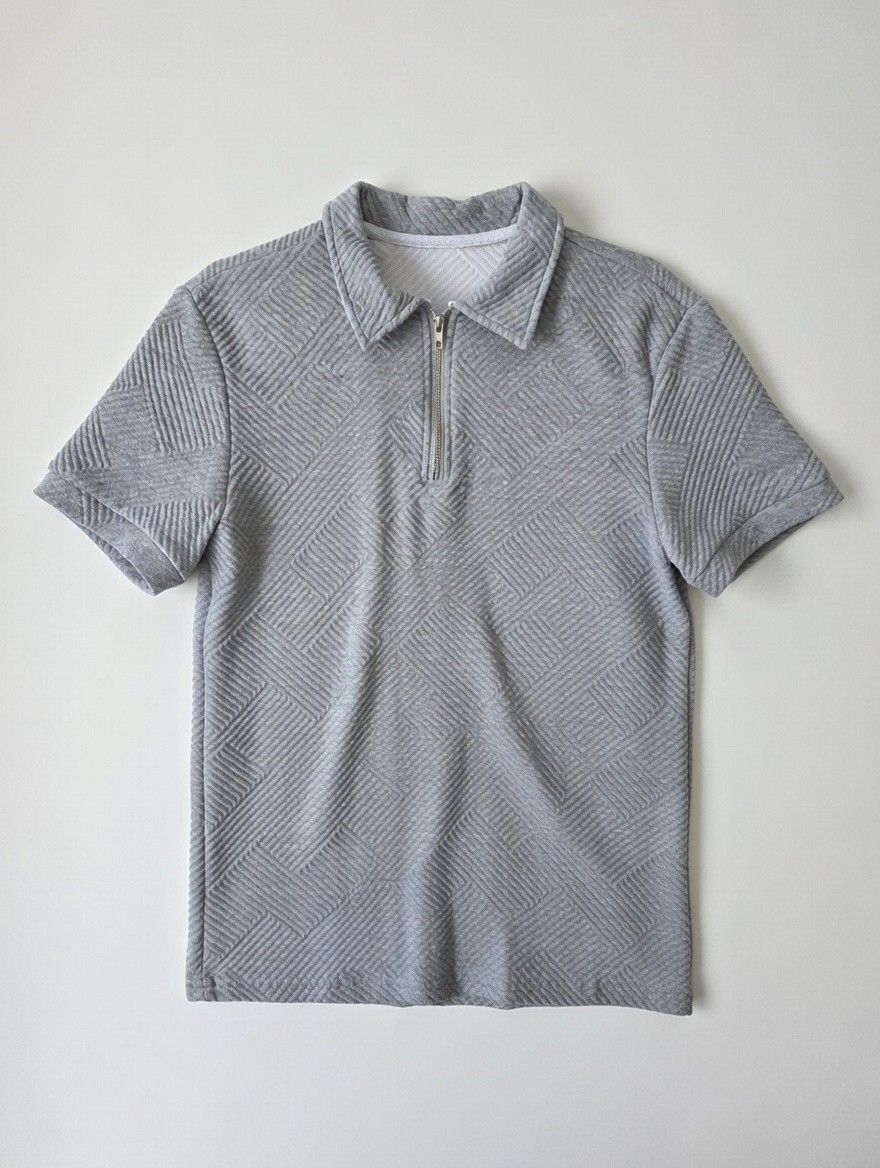 Gray Polo Shirt Men's Short Sleeve Geometric Pattern 1/4 Zip Collar Knit Casual