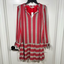 NWT Loft Striped Long Sleeve Drop Waist Dress Women’s M Red Key Hole Wrist Tie