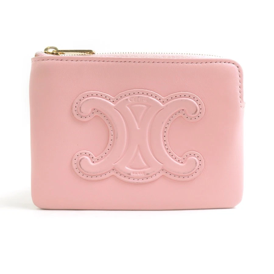 Celine — Auth CELINE Triomphe Coin Purse Case Pink/Gold Leather/Metal - r11208j