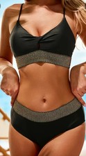 New Stunning Black Bikini With Contrast Gold Band Detail Size 16