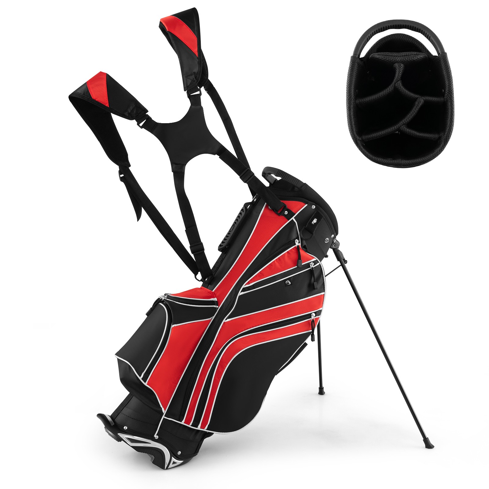 Stand Carry Bag W/6 Way Top Dividers & 8 Pockets Rain Hood Red