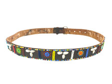 Vtg Handsewn Aztec Beaded Belt Shells Beads Tribal Dark Brown Multicolor