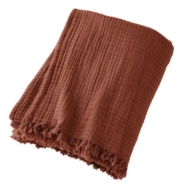 Plaid en gaze de coton terracotta 130x160 cm jeté de canapé à franges