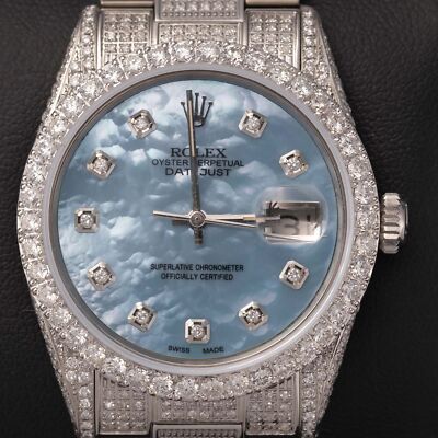 Rolex Datejust Volldiamant Oyster Uhr 36mm Blau Perlmutt Zifferblatt 11,67ct