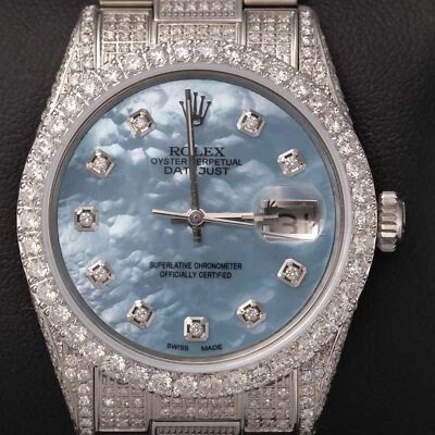 Rolex Datejust Volldiamant Oyster Uhr 36mm Blau Perlmutt Zifferblatt 11,67ct - Bild 1 von 4