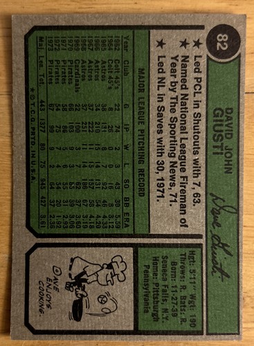 1974 Topps Dave Giusti Baseball Card #82 Pirates Mid-Grade VG - Picture 2 of 2