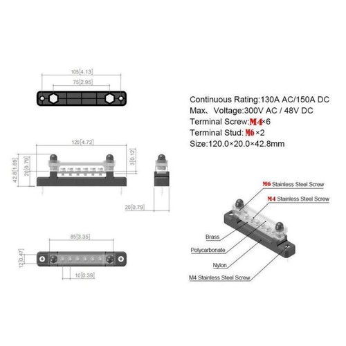 Power Distribution Block Nylon Base 12V 150A Electrical 1/4-In Terminal Bus Bar - Picture 8 of 15