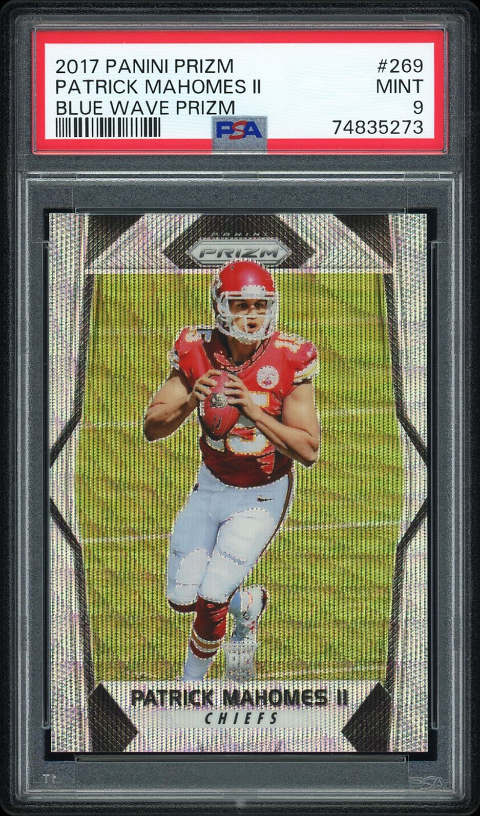 Patrick Mahomes 2017 Panini Prizm #269 Blue Wave Prizm Rookie /149 PSA 9 Chiefs