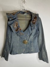 Vintage Lili Mucci Y2K Denim Jacket Embroidered Velvet Floral Ruffle Collar M