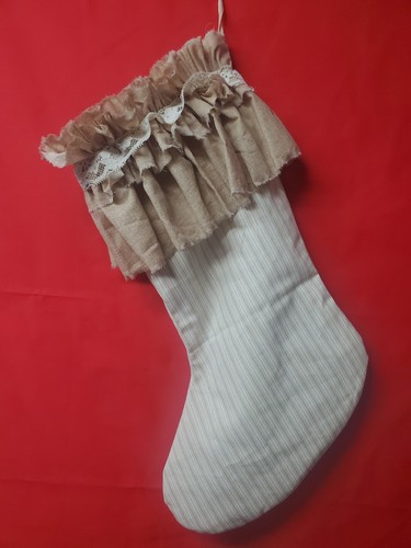 Christmas Stocking Shabby Chic Farmhouse Ruffle 17" Fully Lined - Picture 3 of 4