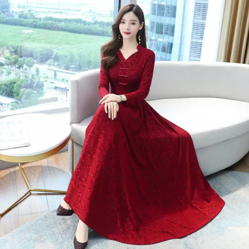 Damen Chinesischer Stil Cheongsam Blumen Langarm Qipao Kleid Slim Fit Maxi - Bild 3 von 13