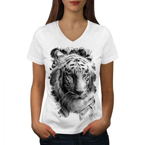 Wellcoda White Tiger Head Womens V-Neck 