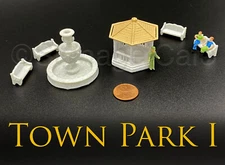 Town Park I – 6 pc HO Scale 3D Printed Scenery Set: Gazebo, Fountain, Benches