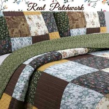NEW COZY PATCHWORK BROWN GREEN ROSE RUSTIC YELLOW LOG CABIN LODGE QUILT SET