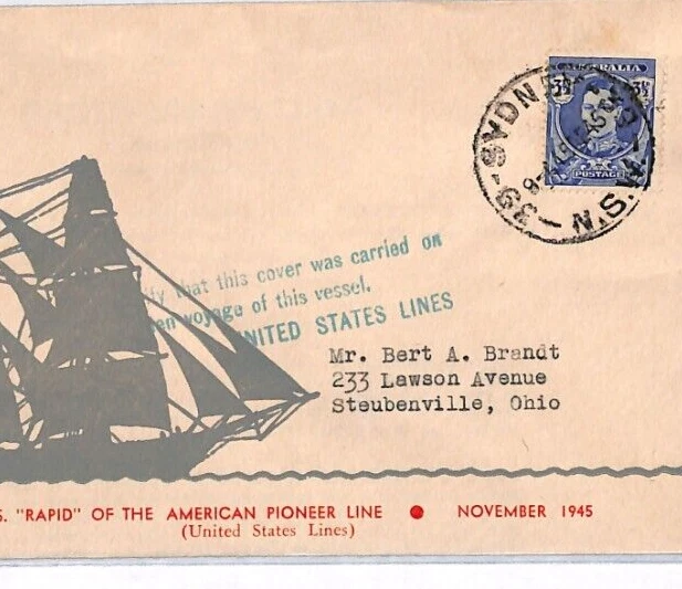 AUSTRALIA Cover RAPID AMERICAN Ship SAIL Silhouette 1945 PIONEER LINE USA YR296 - Image 2 of 4