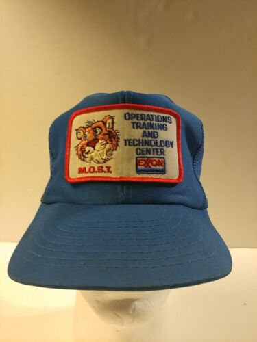 Vtg EXXON Tiger Patch Gas Oil Trucker Mesh Cap Hat Blue Sportcap Made in Taiwan - Picture 1 of 11