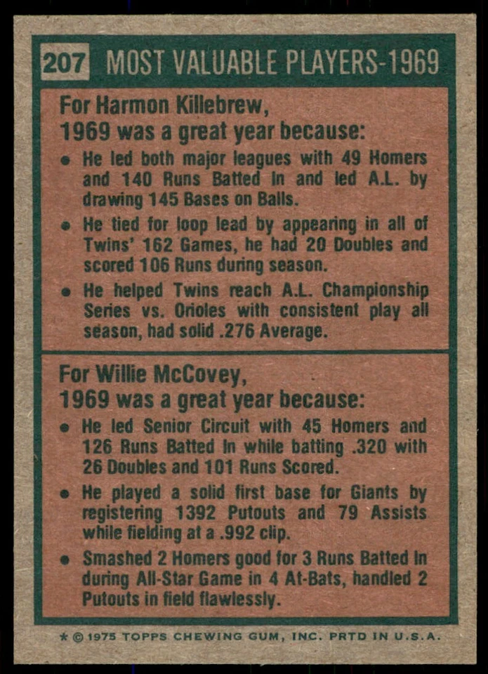 1975 Topps NM-MT Harmon Killebrew Willie McCovey #207 - Image 2 of 2