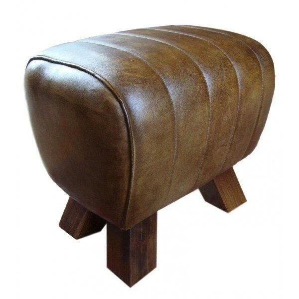 Brown Leather Stool / Footstool Wood Legs Pommel Horse Style Retro Vintage - Image 2 of 4