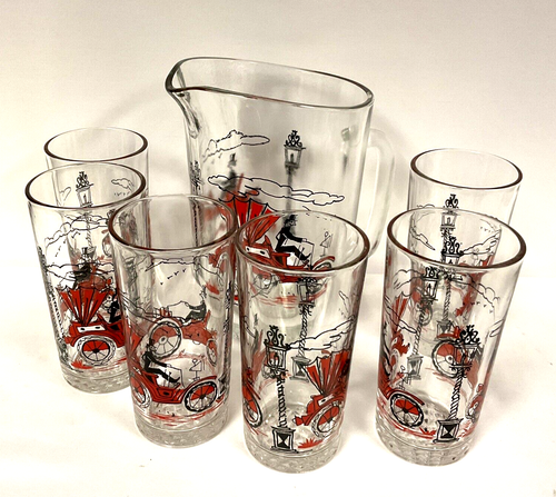Vintage 50er Limonaden Set Kanne & 6 Gläser rot & schwarz Kfz Becher Bar - Bild 2 von 8