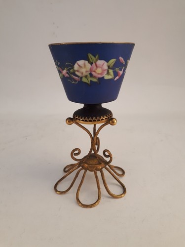 tasse sur pied métal porcelaine émaillée ancienne bleu de Sèvres liserons - Imagen 3 de 12