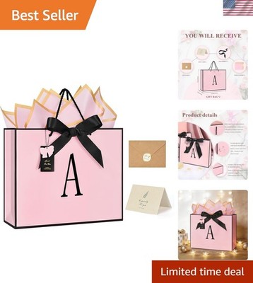 Birthday Gift Bag, Personalized Initial Pink Gift Bags for Women & Girls, Med...