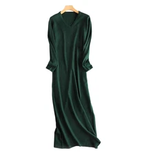 V Neck Long Cashmere Blend Sweater Dress Womens Autumn Elegant Office Pullover