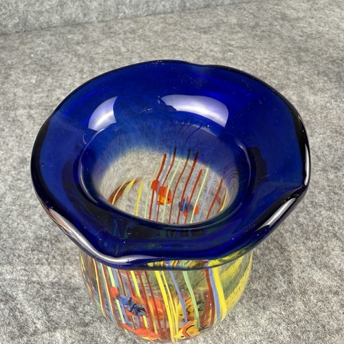 Hand Blown Art Glass Vase Cobalt Blue With Tropical Fish - Picture 2 of 9