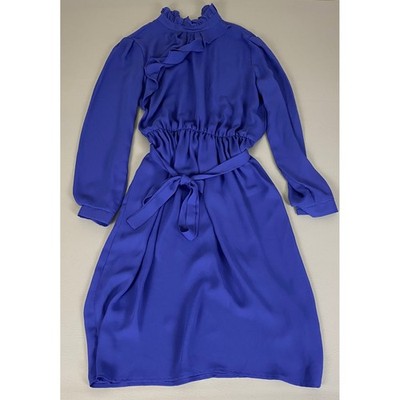 Vintage Rags by Danuta Kraft Dress Large Blue Ruffle Neck Long Sleeve Belted