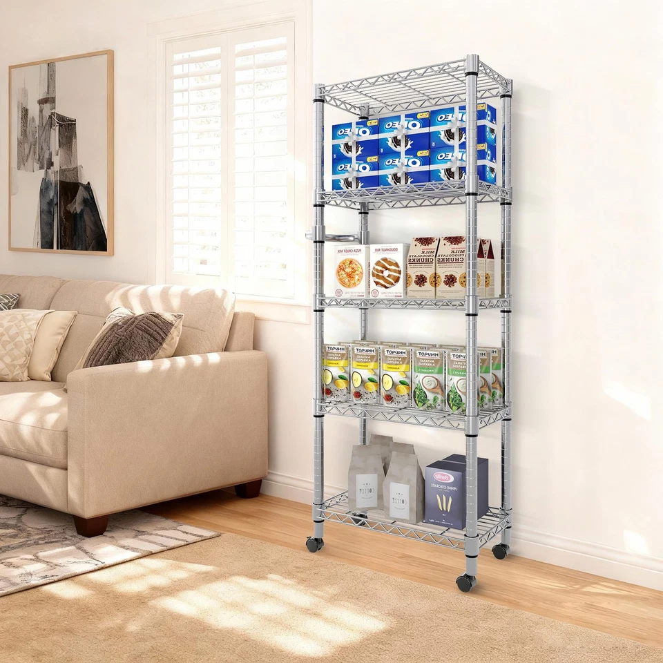 Estantes de almacenamiento de 5 niveles con ruedas 1100 libras estantería de alambre de metal de alta resistencia Foto 3 de 4