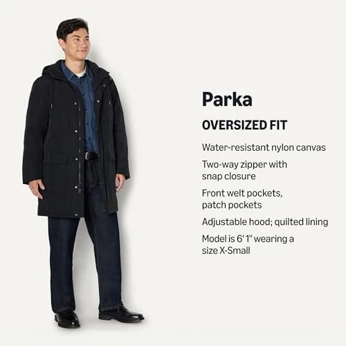 AMAZON ESSENTIALS BUTTON AND ZIP UP ALL BLACK LARGE LONG PUFFER JACKET - BLACK