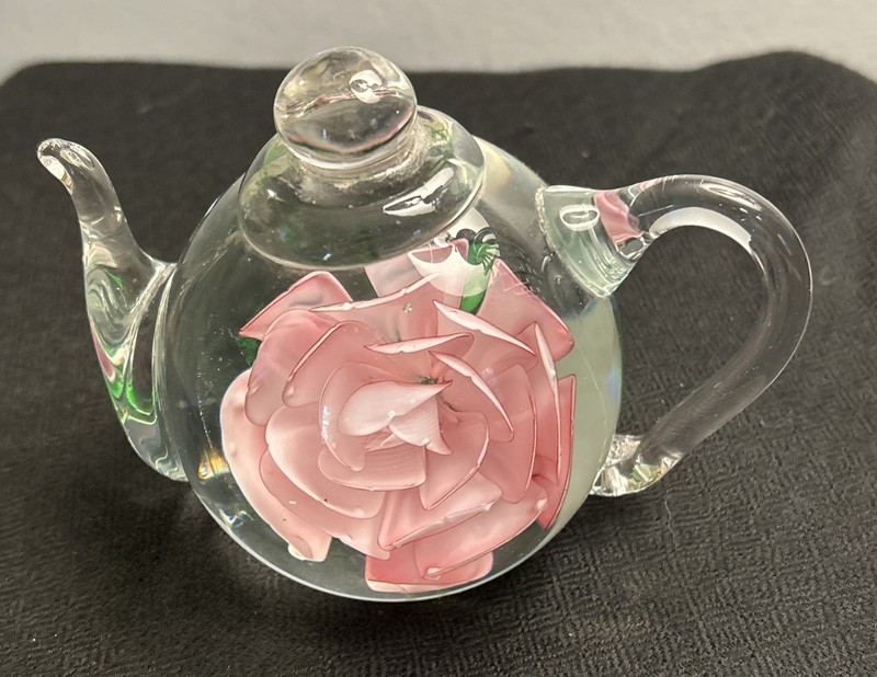 Dynasty Gallery Art Glass Blown Teapot Paperweight Pink Rose
