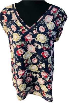 Daniel Rainn Women Blue floral v neck Short  Sleeve Blouse size small
