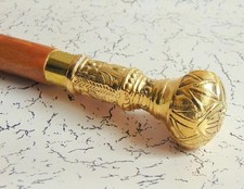 Classic Style Brown Wooden Walking Stick Cane Polished Brass Knob Handle Vintage
