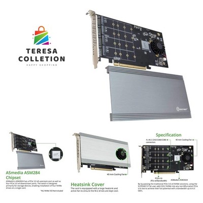 Quad M.2 NVMe Ports to PCIe 3.0 x16 Interface x8 Bandwidth Bifurcation Riser ...