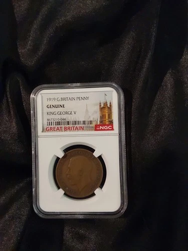 1919 Great Britain Penny Coin, King George V, NGC Slabbed Graded, Genuine