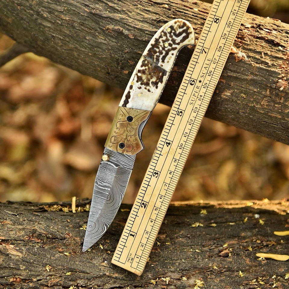 Damascus Folding Blade Pocket knife Most Unique Handle “ T “ Shell - Original - Image 4 of 4