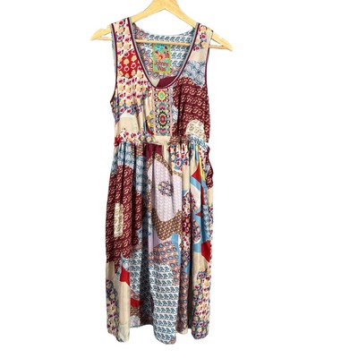 Johnny Was Silk Dress Multicolor Patchwork Sleeveless Embroidery Knee Length XS