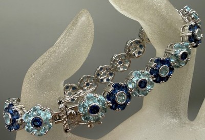 ESTATE SILVER PLATED SAPPHIRE AQUA BLUE CRYSTAL CLUSTER FLOWER BRACELET