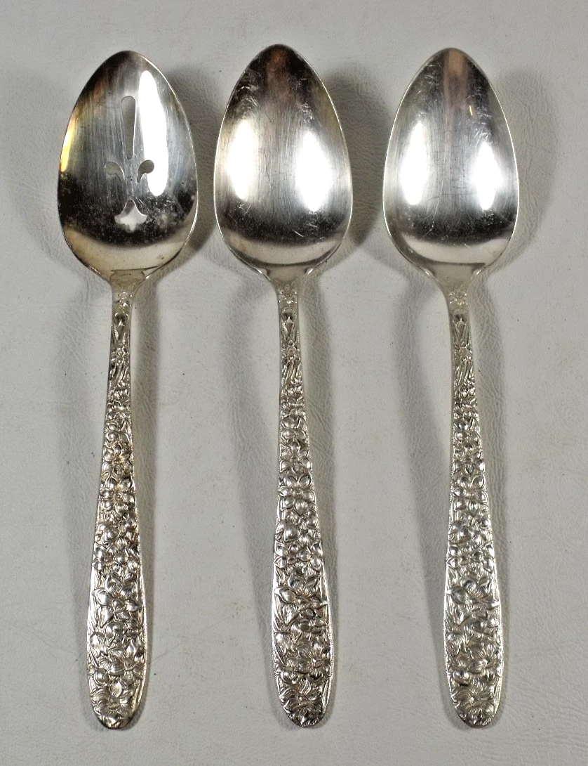 National Silverplate Flatware NARCISSUS 3 SERVING SPOONS Decorated Back