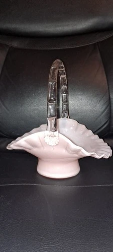 1940s Vtg. Fenton Glass pink rose overlay bridal basket