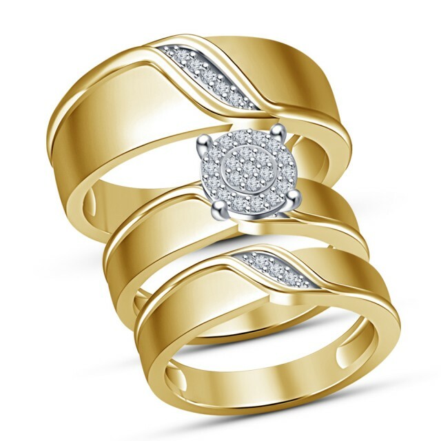 14K Yellow Gold Finish Round White Diamond His Her Bridal Wedding Trio