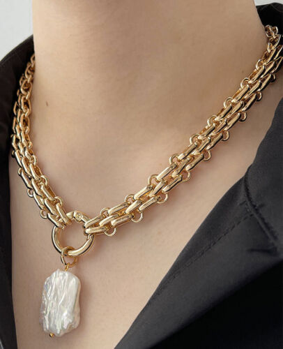 Freshwater Pearl Pendant Chunky Chain Vintage Elegant Baroque Pearls Necklaces - Afbeelding 1 van 3