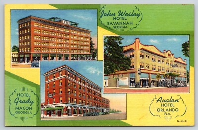 John Wesley Hotel, Savannah; Hotel Grady, Macon; Avalon, Orlando Postcard S2-658