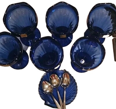 Vintage Cobalt Blue Ice Cream Cups and Plate. Luminarc Verrerie D'Arques France 