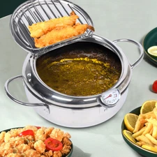 Deep Frying Pan 304 Stainless Steel Deep Fryer Pot W/ Temperature Control & Lid