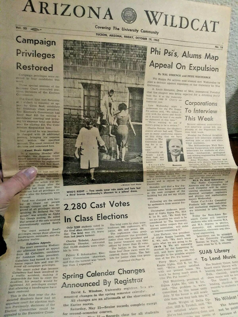 Arizona Daily Wildcat Newspaper Fri, Oct. 19, 1962 Vol. 53 No. 16 | eBay
