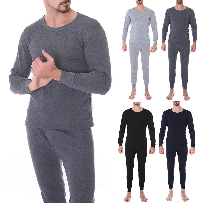 Mens Winter Fleece Lined 100% Cotton Thermal Long Johns Top Bottom Underwear  Set